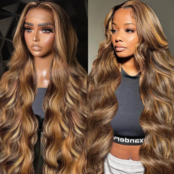Miss_Nhyira.RKM, P4/27 Highlight HD Transparent 13x4 Full Frontal Lace Human Hair Wigs Brazilian Body Wave Frontal Human Hair Wigs for Women