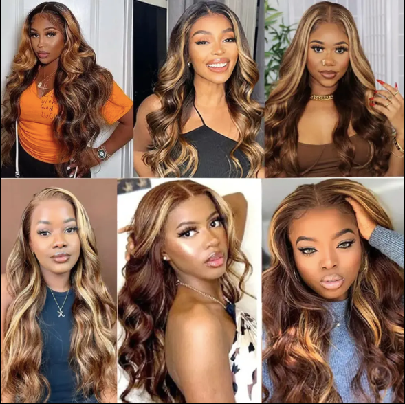 Miss_Nhyira.RKM, P4/27 Highlight HD Transparent 13x4 Full Frontal Lace Human Hair Wigs Brazilian Body Wave Frontal Human Hair Wigs for Women