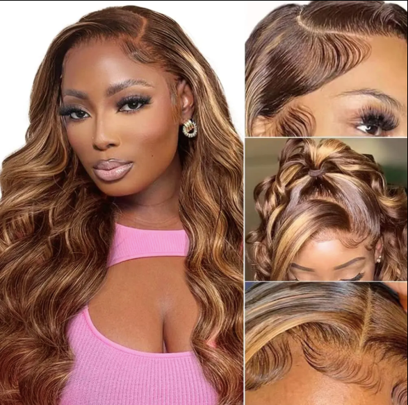 Miss_Nhyira.RKM, P4/27 Highlight HD Transparent 13x4 Full Frontal Lace Human Hair Wigs Brazilian Body Wave Frontal Human Hair Wigs for Women