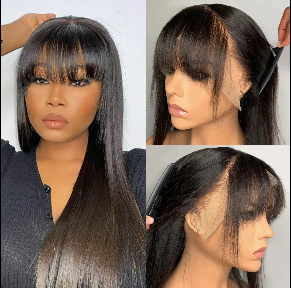 Miss_Nhyira.RKM, 1B,  Fringe Straight Human Hair Wigs With Bangs for Black Women 100% Brazilian Lace Front Bone Straight Bang Wig Human Hair