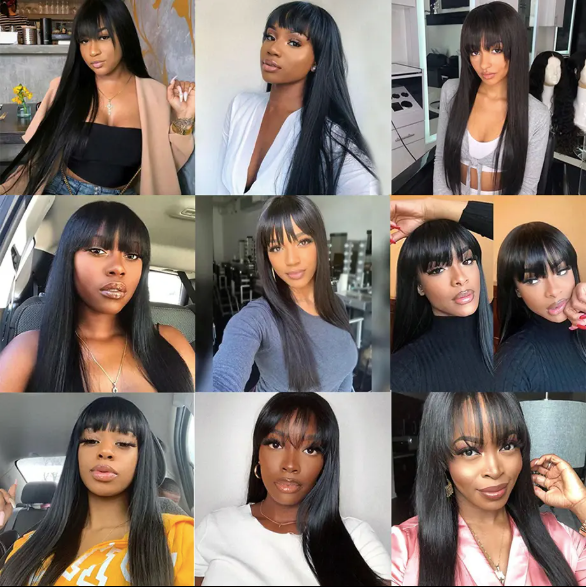 Miss_Nhyira.RKM, 1B,  Fringe Straight Human Hair Wigs With Bangs for Black Women 100% Brazilian Lace Front Bone Straight Bang Wig Human Hair