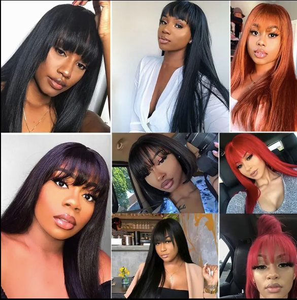 Miss_Nhyira.RKM, 1B,  Fringe Straight Human Hair Wigs With Bangs for Black Women 100% Brazilian Lace Front Bone Straight Bang Wig Human Hair